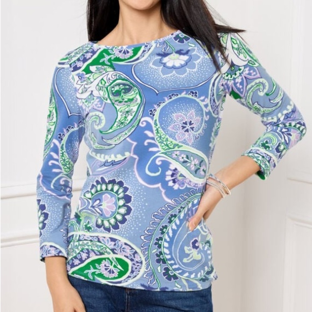 NWT Talbots Bateau Neck‎ Tee Colorblock Paisley Blue 3X Petite Casual Resortwear